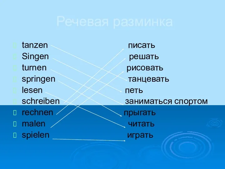 Речевая разминка tanzen писать Singen решать turnen рисовать springen танцевать