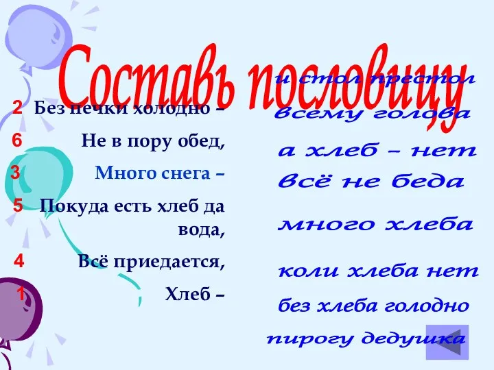 Составь пословицу 2 Без печки холодно – 6 Не в пору обед, 3