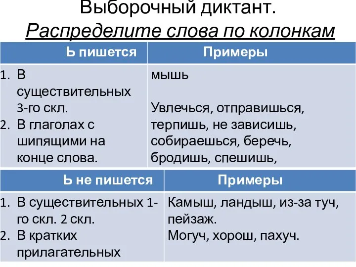 Выборочный диктант. Распределите слова по колонкам