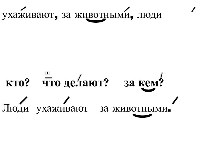 кто? что делают? за кем? ухаживают, за животными, люди Люди ухаживают за животными. ш