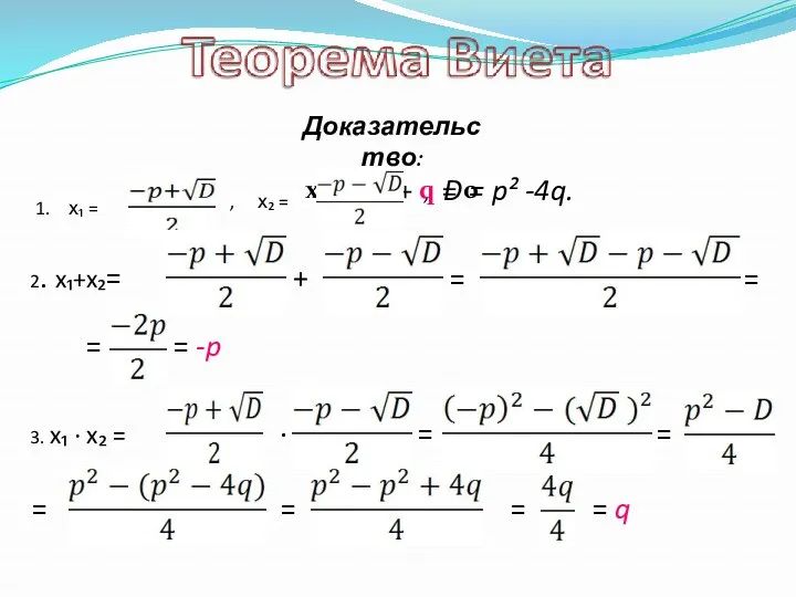 Доказательство: х ² + pх + q = 0 1.