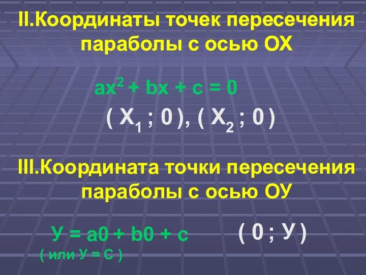 II.Координаты точек пересечения параболы с осью ОХ aх2 + bх