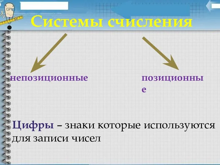 Системы счисления непозиционные позиционные Цифры – знаки которые используются для записи чисел