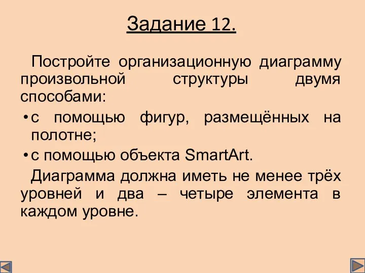 Задание 12. Постройте организационную диаграмму произвольной структуры двумя способами: с