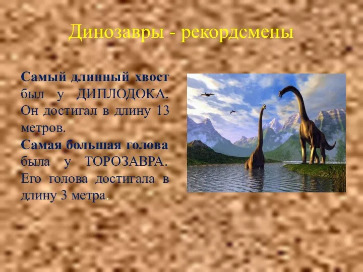 Динозавры - рекордсмены Самый длинный хвост был у ДИПЛОДОКА. Он