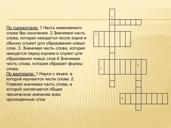 По горизонтали: 1.Часть изменяемого слова без окончания. 2.Значимая часть слова,