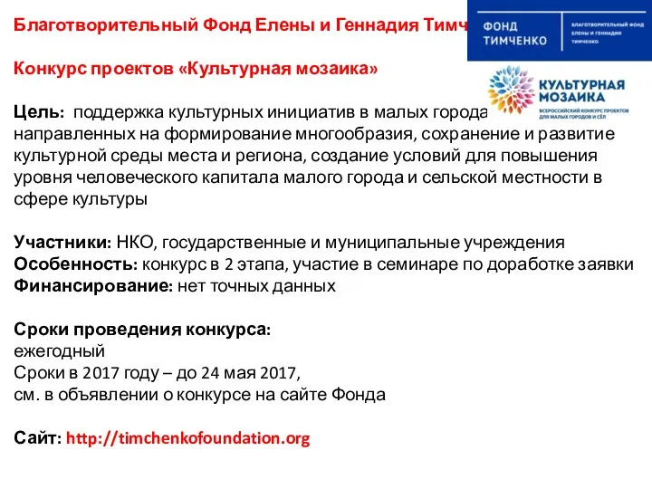 Благотворительный Фонд Елены и Геннадия Тимченко Конкурс проектов «Культурная мозаика»