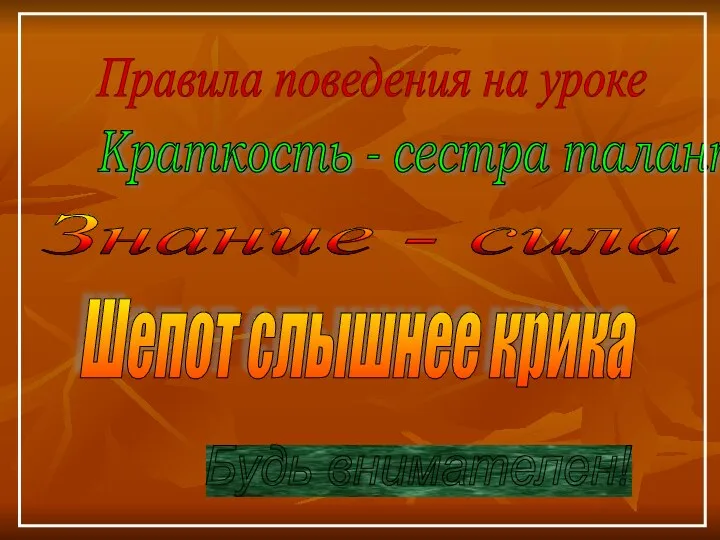 Правила поведения на уроке Краткость - сестра таланта Знание - сила Шепот слышнее крика Будь внимателен!