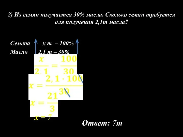 2) Из семян получается 30% масла. Сколько семян требуется для