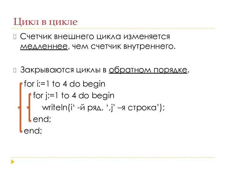 Цикл в цикле Счетчик внешнего цикла изменяется медленнее, чем счетчик