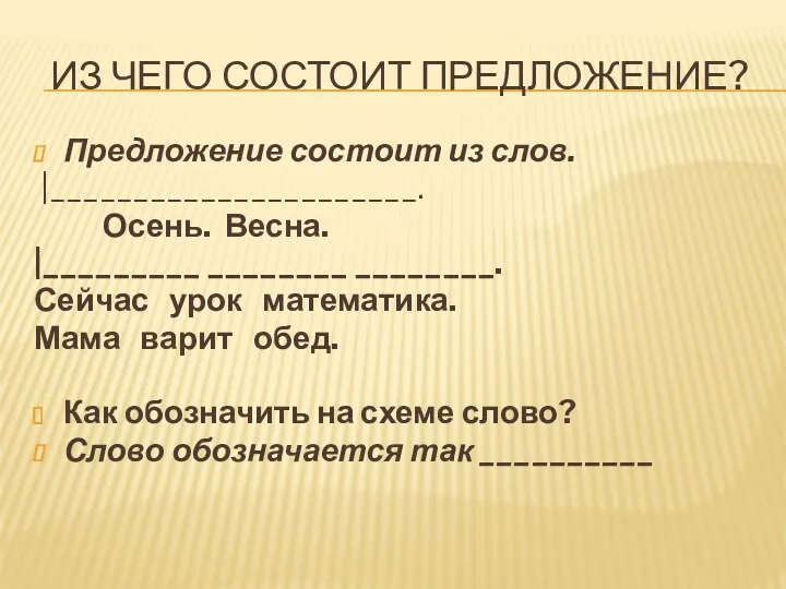 Из чего состоит предложение? Предложение состоит из слов. |______________________. Осень.