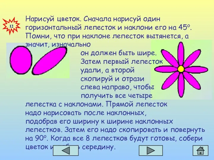 Нарисуй цветок. Сначала нарисуй один горизонтальный лепесток и наклони его