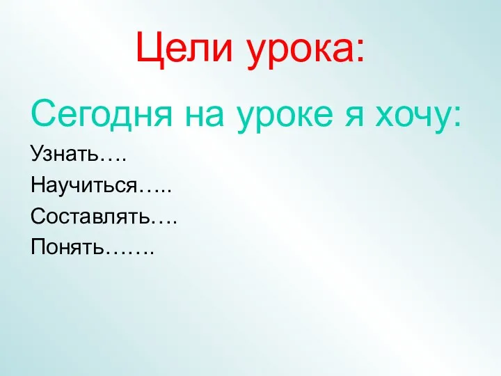 Цели урока: Сегодня на уроке я хочу: Узнать…. Научиться….. Составлять…. Понять…….