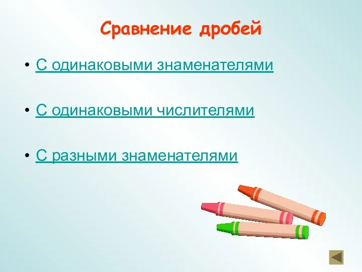 Сравнение дробей С одинаковыми знаменателями С одинаковыми числителями С разными знаменателями