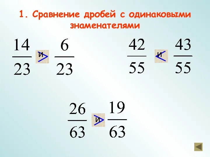 1. Сравнение дробей с одинаковыми знаменателями и и и