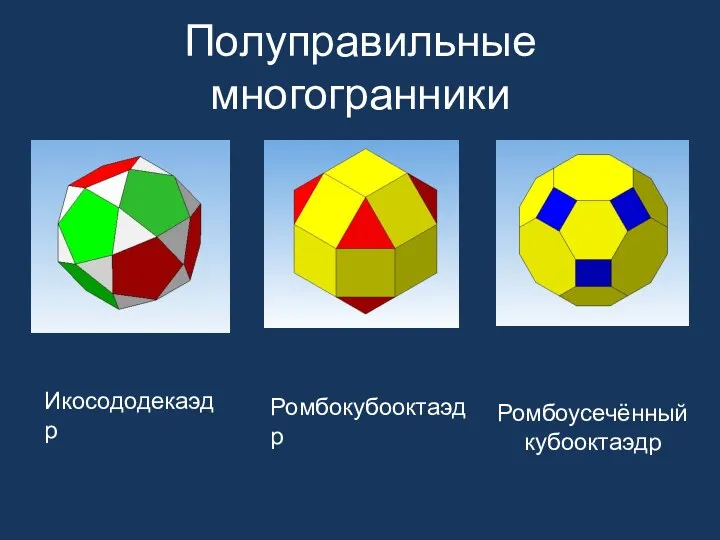 Полуправильные многогранники Икосододекаэдр Ромбокубооктаэдр Ромбоусечённый кубооктаэдр