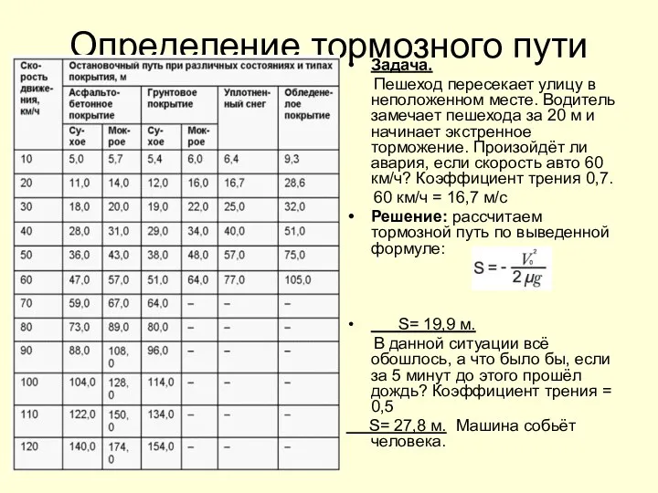 Определение тормозного пути Задача. Пешеход пересекает улицу в неположенном месте.