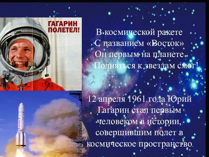 В космической ракете С названием «Восток» Он первым на планете