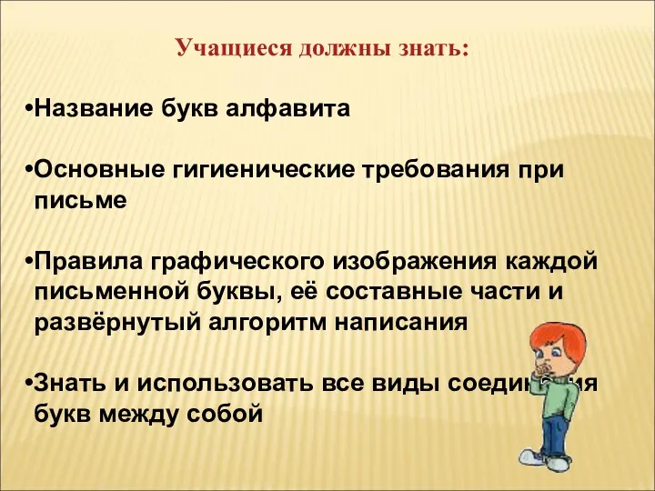 Учащиеся должны знать: Название букв алфавита Основные гигиенические требования при