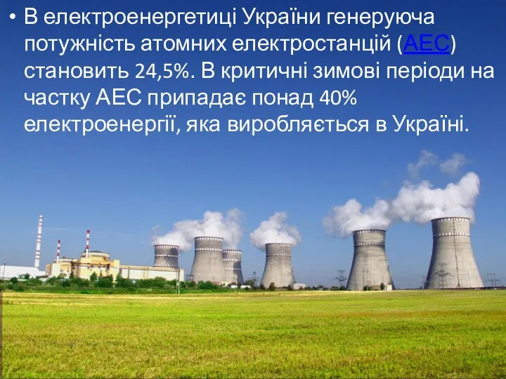 В електроенергетиці України генеруюча потужність атомних електростанцій (АЕС) становить 24,5%. В критичні зимові