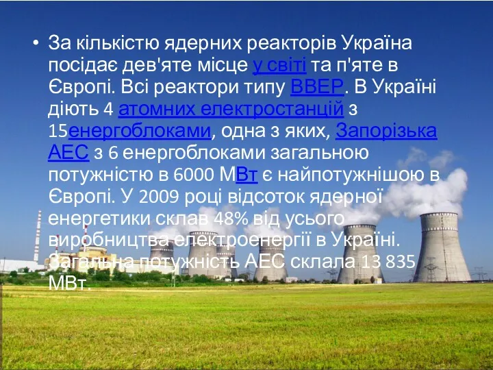 За кількістю ядерних реакторів Україна посідає дев'яте місце у світі та п'яте в