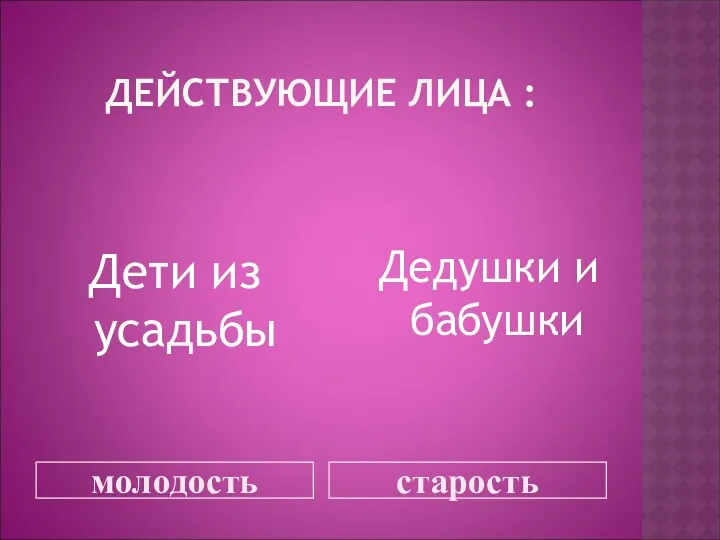 ДЕЙСТВУЮЩИЕ ЛИЦА : молодость старость Дети из усадьбы Дедушки и бабушки