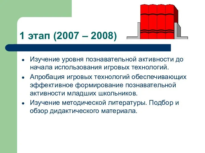 1 этап (2007 – 2008) Изучение уровня познавательной активности до начала использования игровых