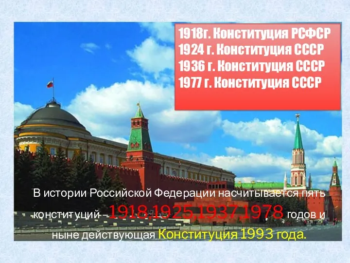 В истории Российской Федерации насчитывается пять конституций –1918,1925,1937,1978 годов и ныне действующая Конституция