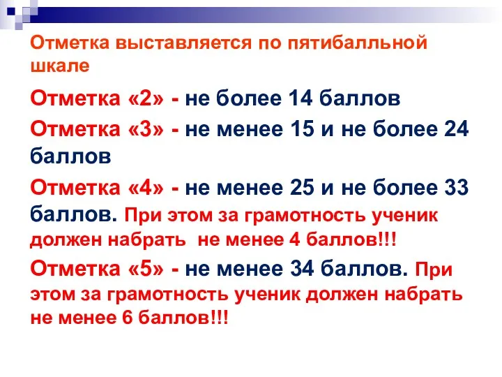 Отметка выставляется по пятибалльной шкале Отметка «2» - не более 14 баллов Отметка