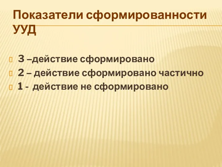 Показатели сформированности УУД 3 –действие сформировано 2 – действие сформировано частично 1 - действие не сформировано