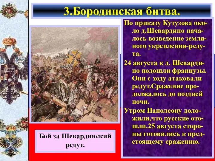 По приказу Кутузова око-ло д.Шевардино нача-лось возведение земля-ного укрепления-реду-та. 24