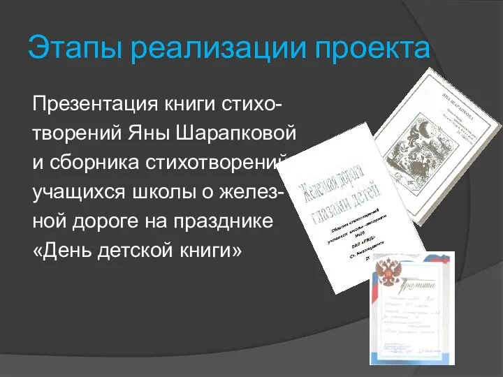 Этапы реализации проекта Презентация книги стихо- творений Яны Шарапковой и