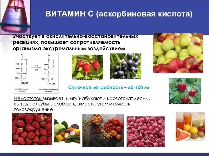 ВИТАМИН С (аскорбиновая кислота) Участвует в окислительно-восстановительных реакциях, повышает сопротивляемость