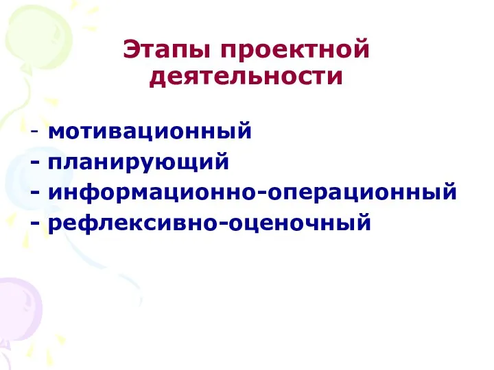 Этапы проектной деятельности - мотивационный - планирующий - информационно-операционный - рефлексивно-оценочный