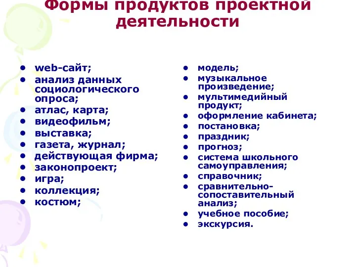 Формы продуктов проектной деятельности web-сайт; анализ данных социологического опроса; атлас, карта; видеофильм; выставка;