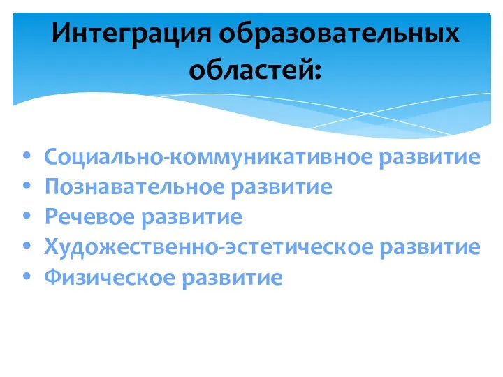 Интеграция образовательных областей: Социально-коммуникативное развитие Познавательное развитие Речевое развитие Художественно-эстетическое развитие Физическое развитие