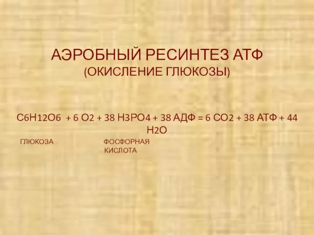 АЭРОБНЫЙ РЕСИНТЕЗ АТФ (ОКИСЛЕНИЕ ГЛЮКОЗЫ) С6Н12О6 + 6 О2 +