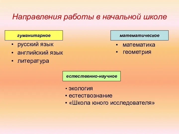 Направления работы в начальной школе русский язык английский язык литература математика геометрия экология