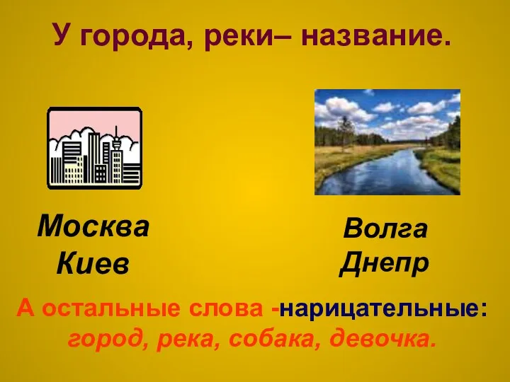 У города, реки– название. Москва Киев Волга Днепр А остальные слова -нарицательные: город, река, собака, девочка.