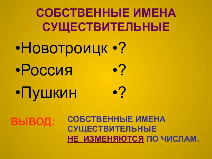 СОБСТВЕННЫЕ ИМЕНА СУЩЕСТВИТЕЛЬНЫЕ Новотроицк Россия Пушкин ? ? ? ВЫВОД: