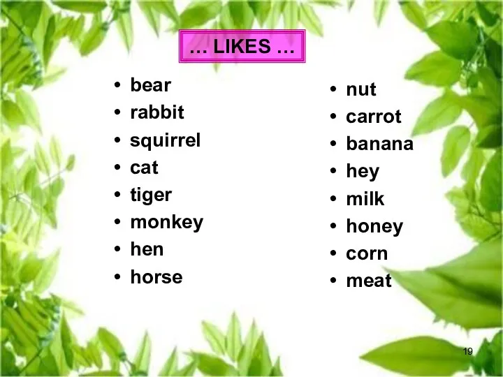 … LIKES … bear rabbit squirrel cat tiger monkey hen