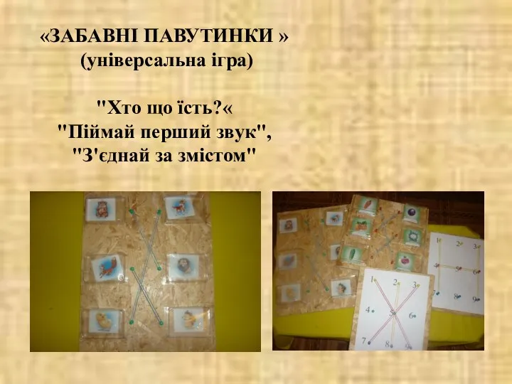 «ЗАБАВНІ ПАВУТИНКИ » (універсальна ігра) "Хто що їсть?« "Піймай перший звук", "З'єднай за змістом"