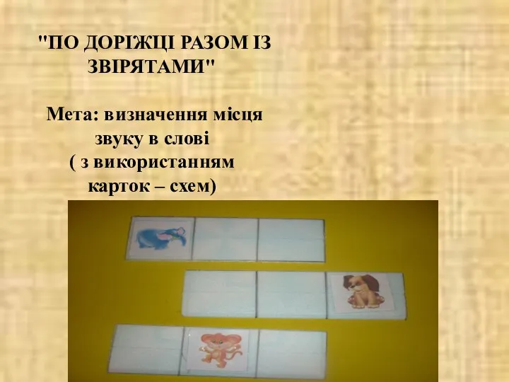 "ПО ДОРІЖЦІ РАЗОМ ІЗ ЗВІРЯТАМИ" Мета: визначення місця звуку в