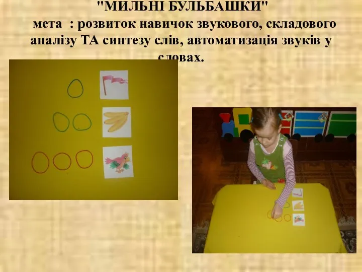 "МИЛЬНІ БУЛЬБАШКИ" мета : розвиток навичок звукового, складового аналізу ТА синтезу слів, автоматизація звуків у словах.