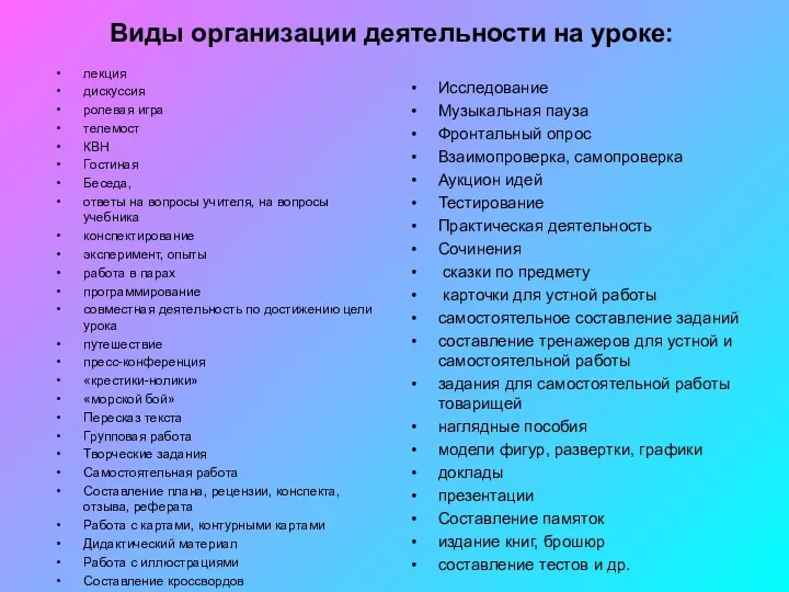 Виды организации деятельности на уроке: лекция дискуссия ролевая игра телемост