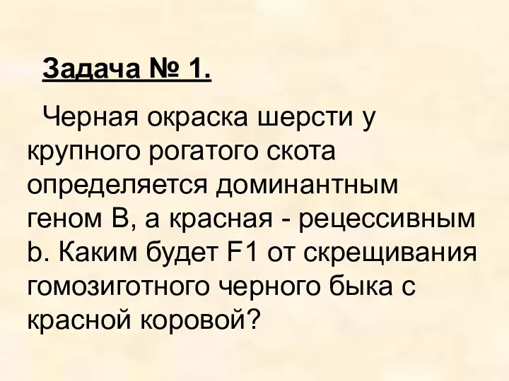 Задача № 1. Черная окраска шерсти у крупного рогатого скота определяется доминантным геном