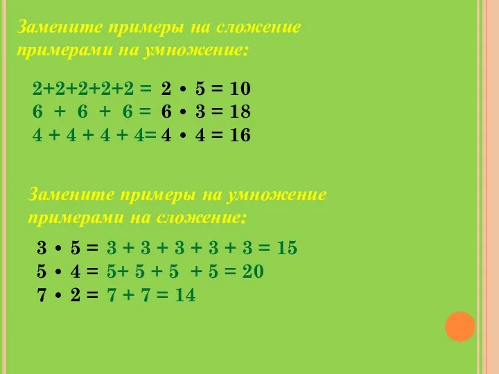 Замените примеры на сложение примерами на умножение: 2+2+2+2+2 = 6