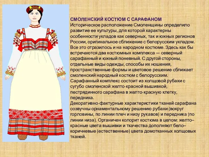 Смоленский костюм с сарафаном Историческое расположение Смоленщины определило развитие ее