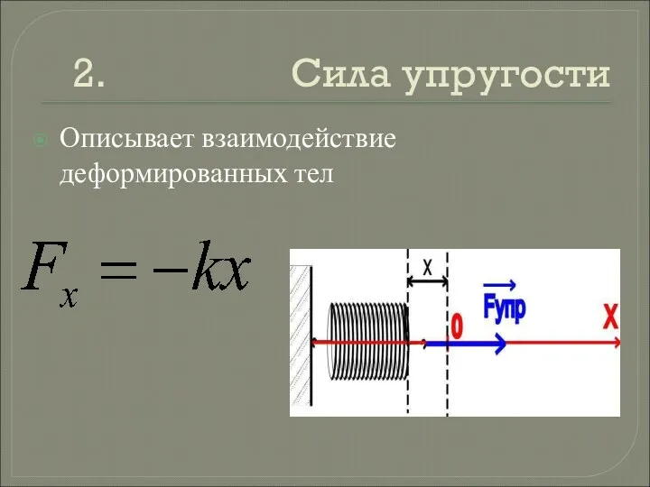 2. Сила упругости Описывает взаимодействие деформированных тел