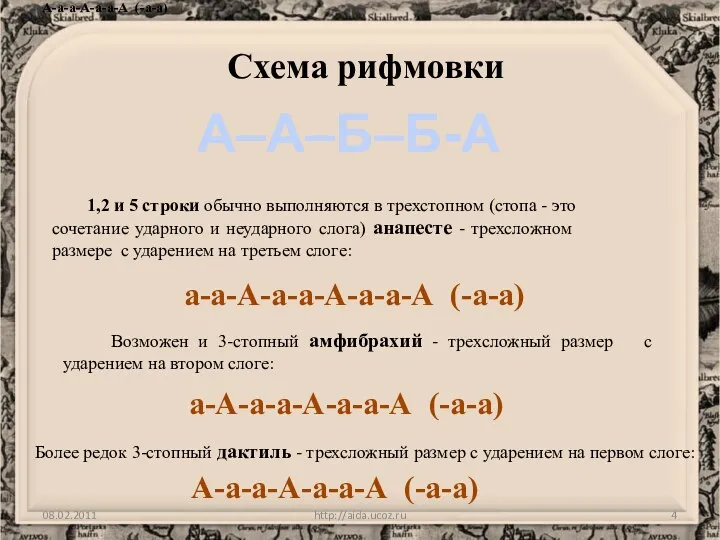 http://aida.ucoz.ru Схема рифмовки А–А–Б–Б-А 1,2 и 5 строки обычно выполняются в трехстопном (стопа